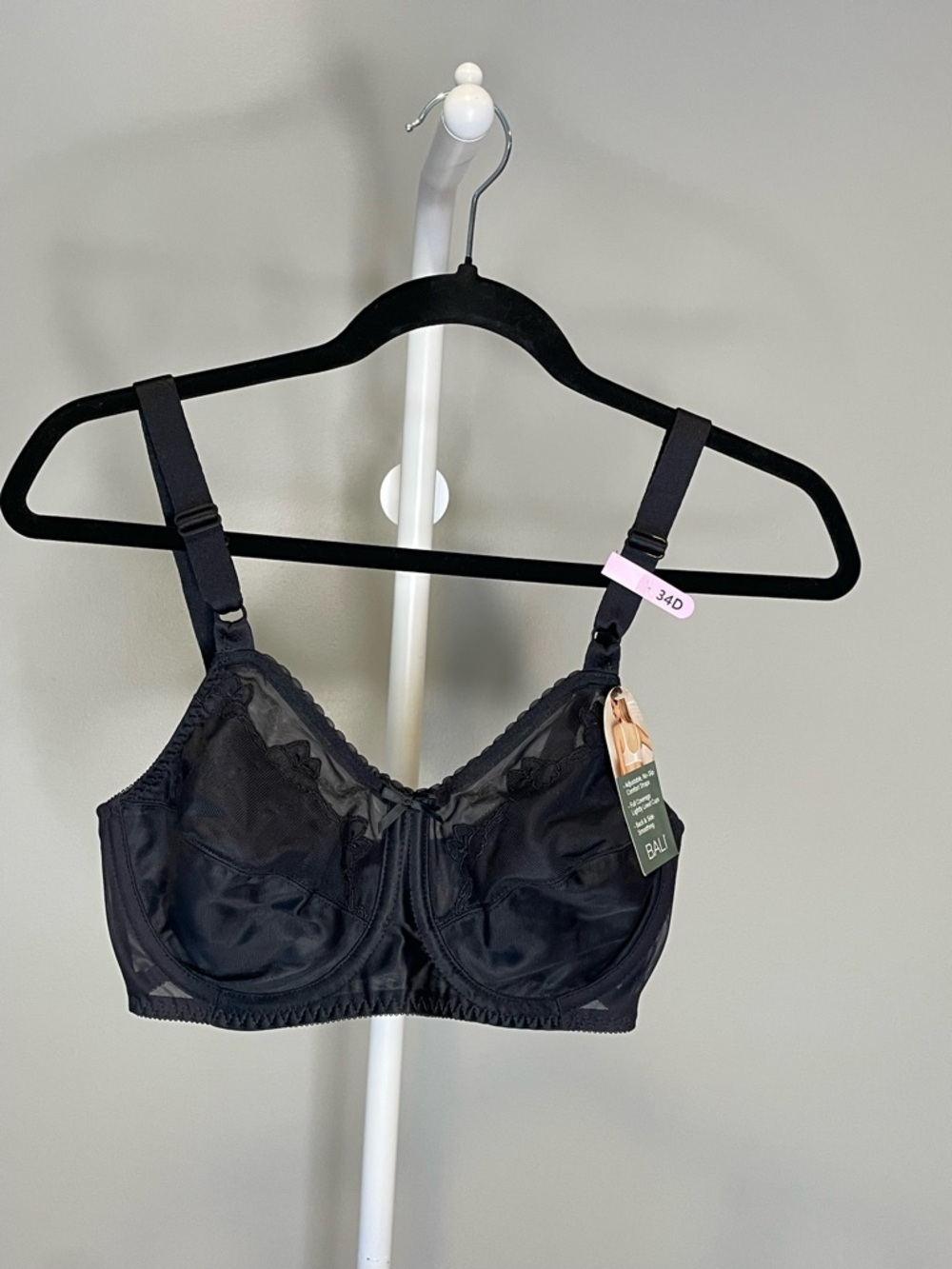 Bali Black Lightly Lined Lace-Trim Full Coverage Bra 34D NWT